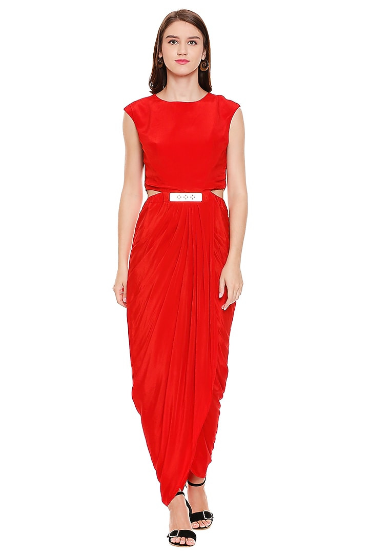 Red Printed Vacation Dress With Cape by Soup by Sougat Paul at Pernia's Pop Up Shop