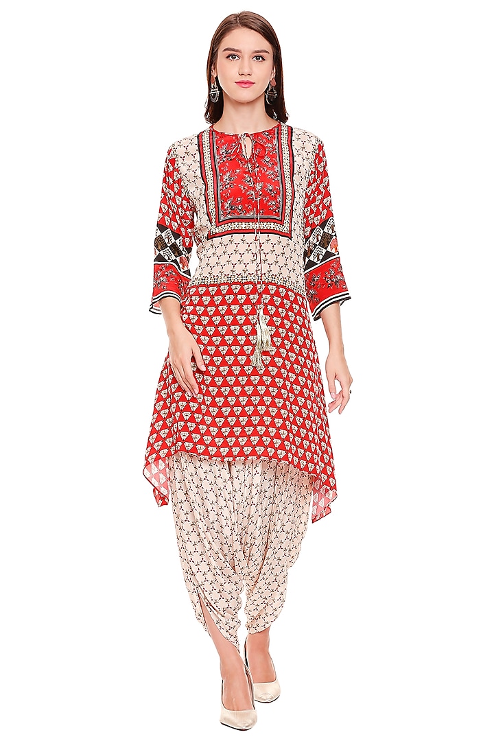 Red Printed Kurta With Dhoti Pants by Soup by Sougat Paul