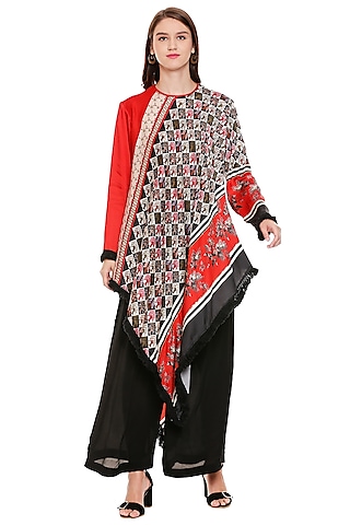 Red Asymmetric Top With Pants by Soup by Sougat Paul