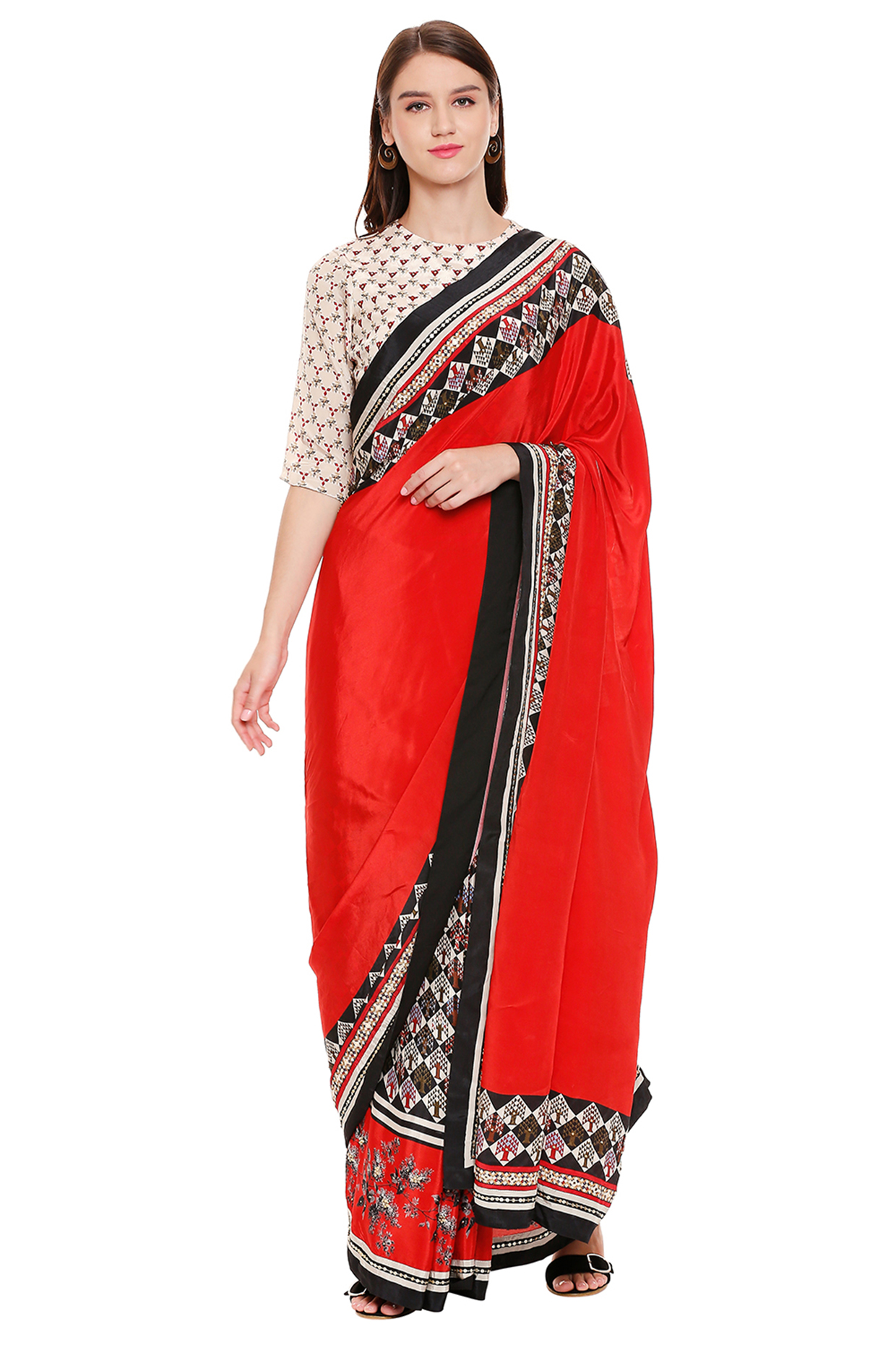 Red Crepe Printed Pre-Stitched Party Wear Saree Set by Soup by Sougat Paul at Pernia's Pop Up Shop