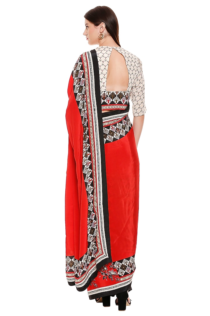 Red Crepe Printed Pre-Stitched Party Wear Saree Set by Soup by Sougat Paul at Pernia's Pop Up Shop