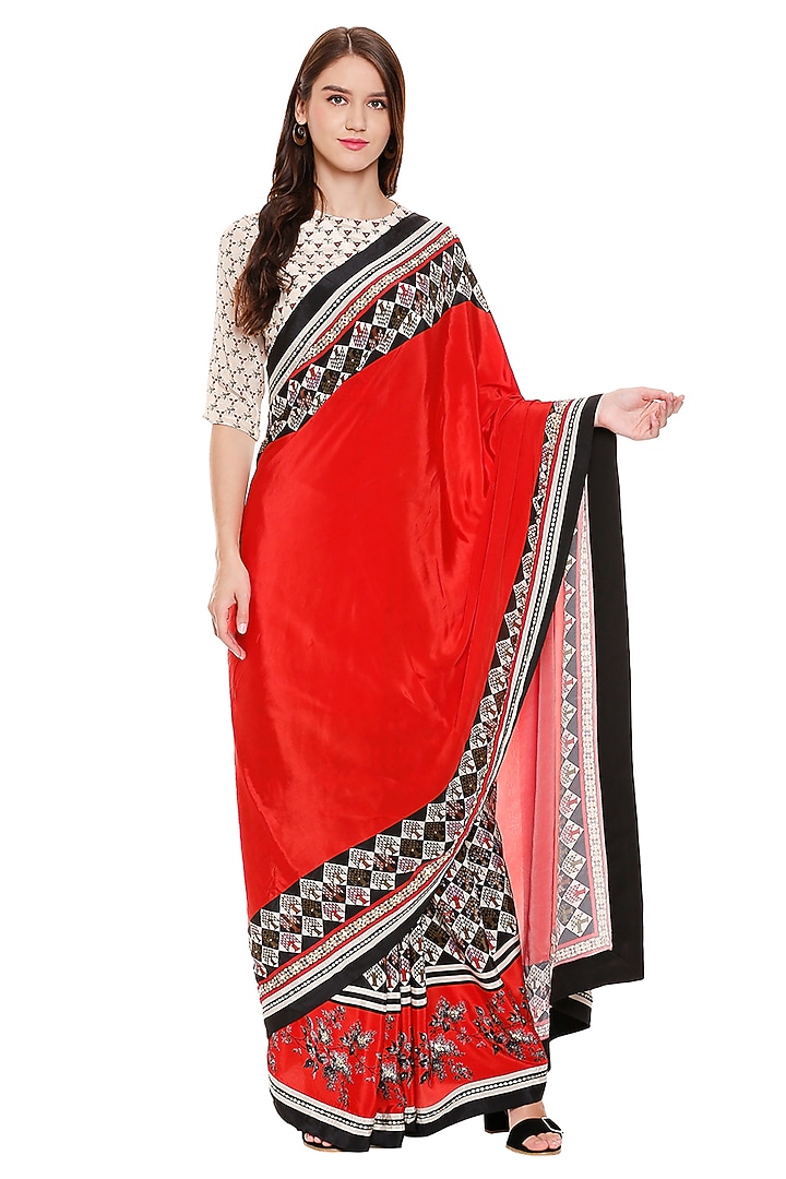Red Crepe Printed Pre-Stitched Party Wear Saree Set by Soup by Sougat Paul at Pernia's Pop Up Shop
