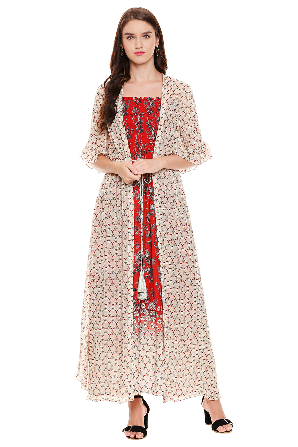 Red Printed Vacation Dress With Jacket by Soup by Sougat Paul at Pernia's Pop Up Shop