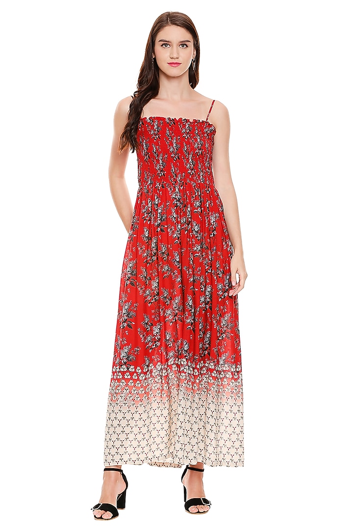 Red Printed Vacation Dress With Jacket by Soup by Sougat Paul at Pernia's Pop Up Shop
