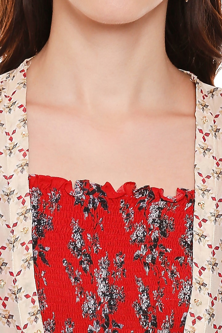 Red Printed Vacation Dress With Jacket by Soup by Sougat Paul at Pernia's Pop Up Shop