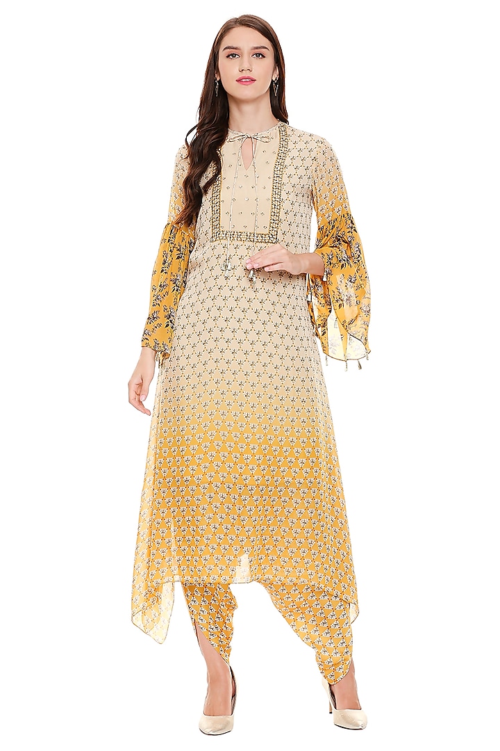 Mustard Asymmetric Embroidered Kurta With Pants  by Soup by Sougat Paul