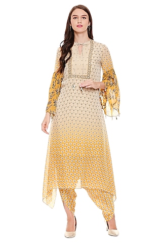 Mustard Asymmetric Embroidered Kurta With Pants  by Soup by Sougat Paul
