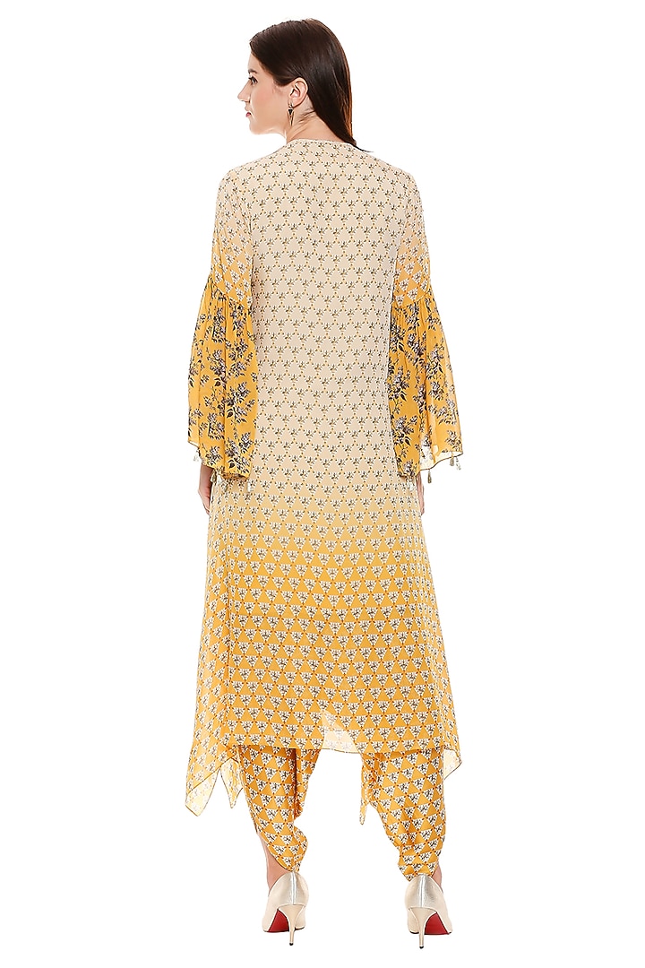 Mustard Asymmetric Embroidered Kurta With Pants by Soup by Sougat Paul at Pernia's Pop Up Shop