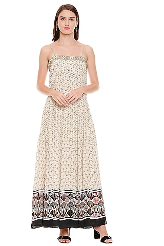 Mustard Printed Dress With Noodle Straps by Soup by Sougat Paul