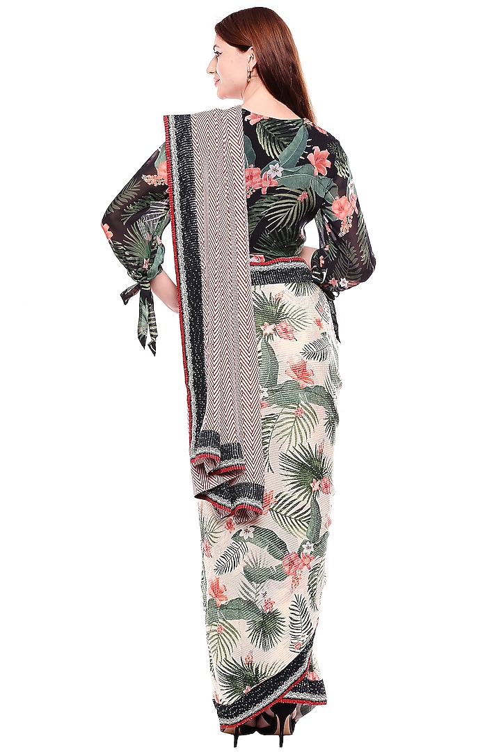 Black & Off White Printed Party Wear Saree Set by Soup by Sougat Paul at Pernia's Pop Up Shop