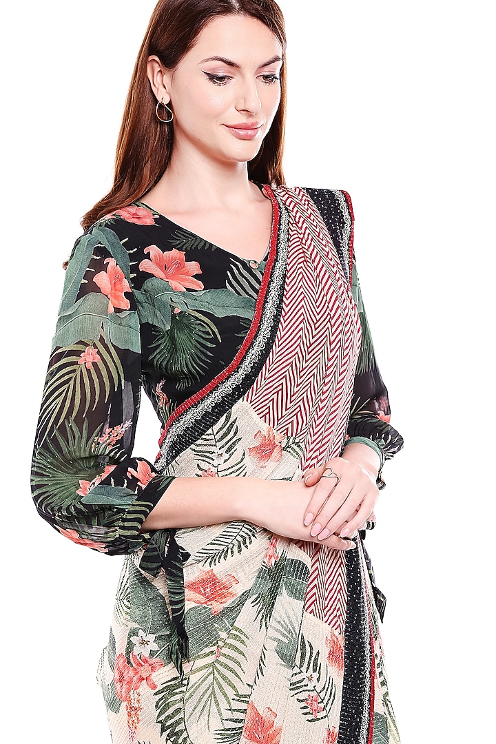 Black & Off White Printed Party Wear Saree Set by Soup by Sougat Paul at Pernia's Pop Up Shop
