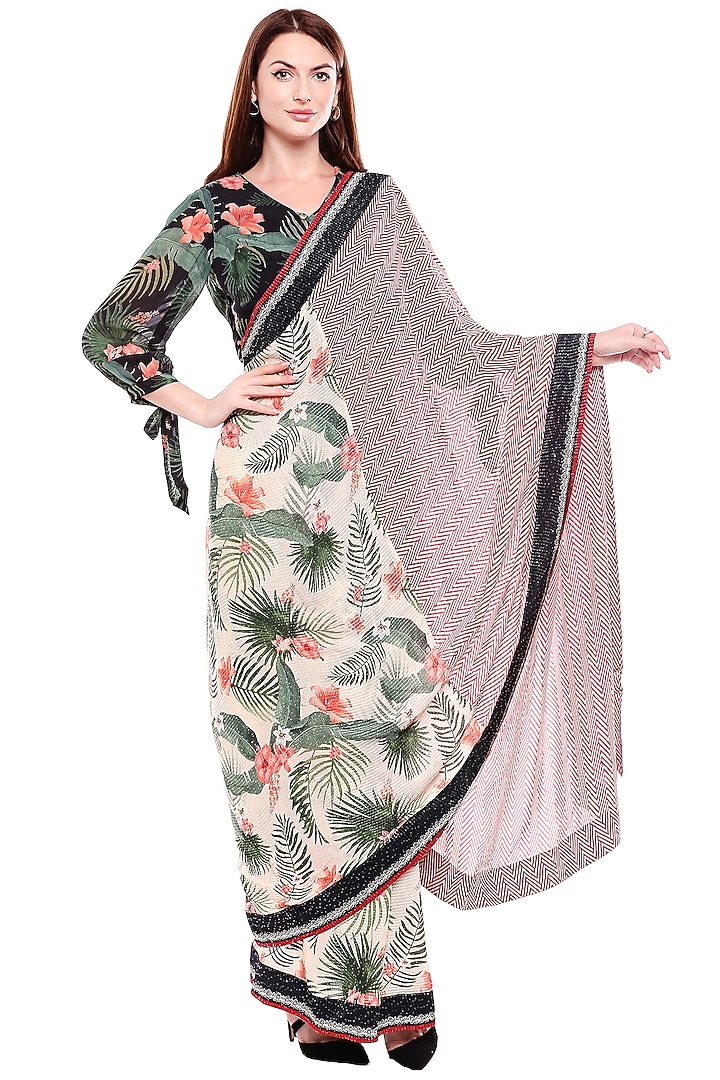 Black & Off White Printed Party Wear Saree Set by Soup by Sougat Paul at Pernia's Pop Up Shop