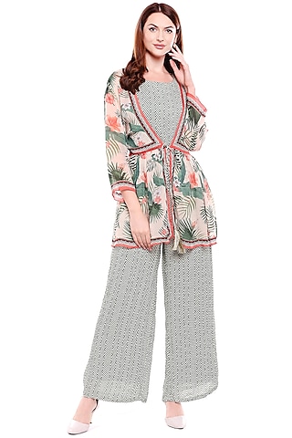 Green Printed Jumpsuit With Off White Jacket by Soup by Sougat Paul