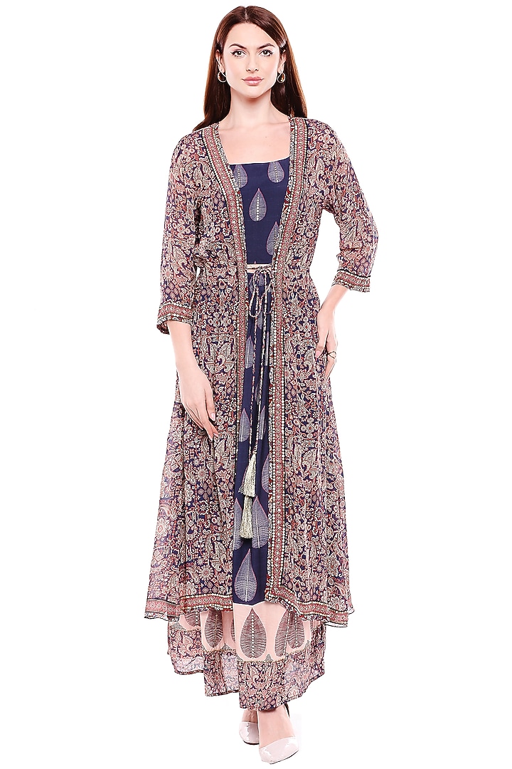 Navy Blue & Off White Printed Skirt Set by Soup by Sougat Paul at Pernia's Pop Up Shop