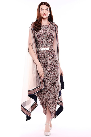 Off White Printed Dress With Cape by Soup by Sougat Paul