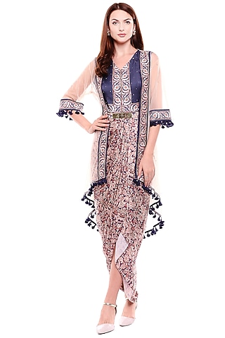Navy Blue Printed Dress With Cape by Soup by Sougat Paul