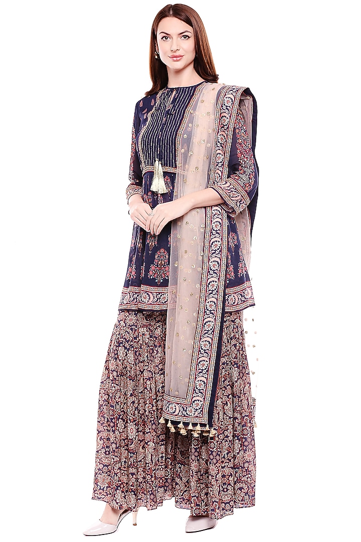 Navy Blue Embroidered Party Wear Sharara Set by Soup by Sougat Paul at Pernia's Pop Up Shop