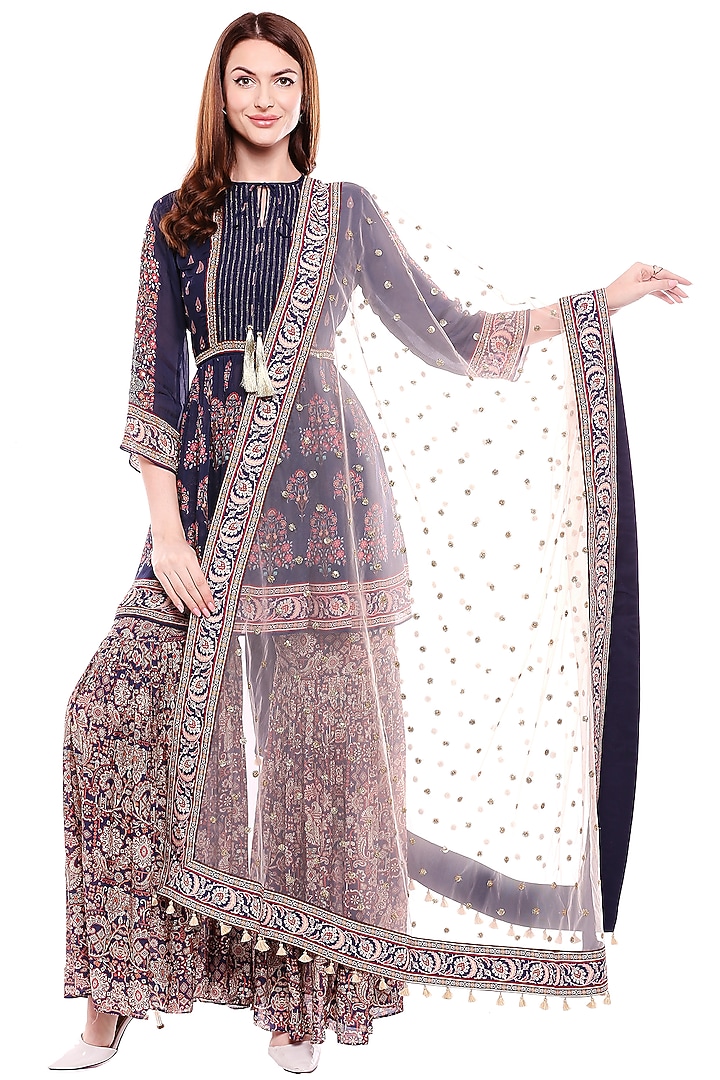 Navy Blue Embroidered Party Wear Sharara Set by Soup by Sougat Paul at Pernia's Pop Up Shop