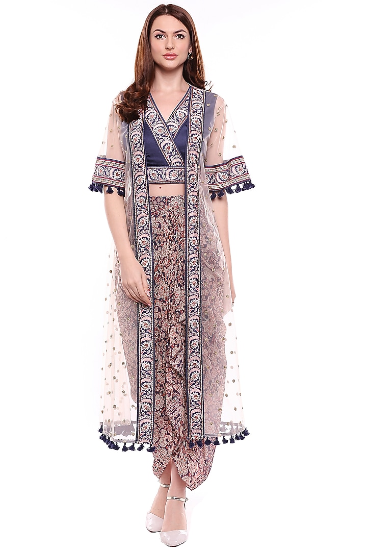 Navy Blue & Off White Madhubani Printed Skirt Set by Soup by Sougat Paul at Pernia's Pop Up Shop