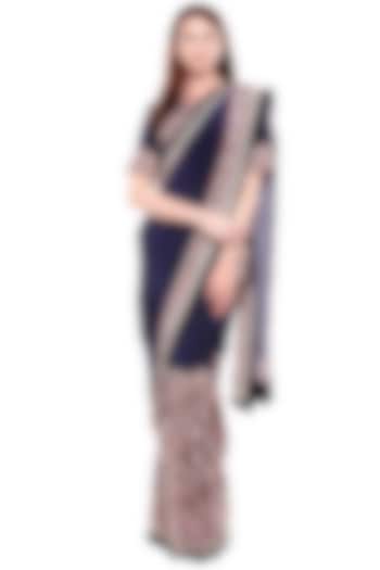 Navy Blue Printed & Embroidered Pre-Stitched Saree Set by Soup by Sougat Paul