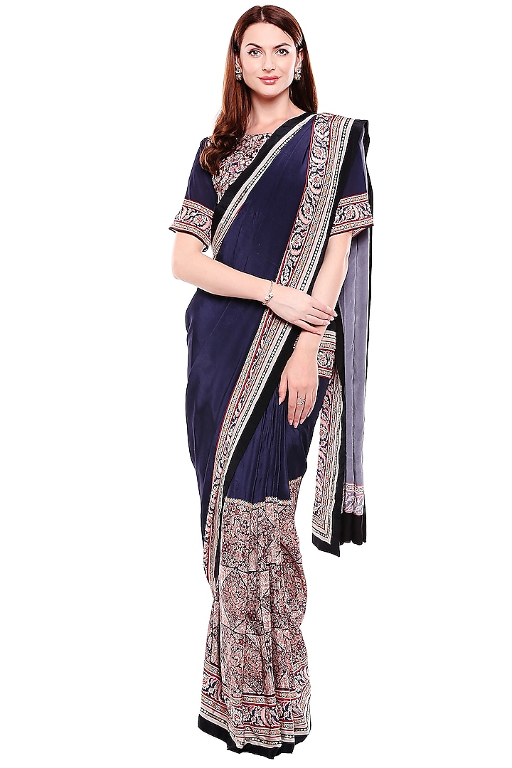 Navy Blue Printed & Embroidered Pre-Stitched Saree Set by Soup by Sougat Paul