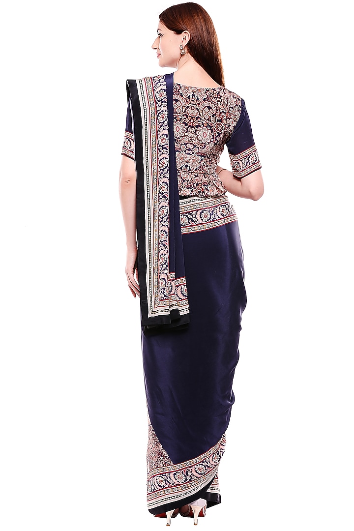 Navy Blue Printed & Embroidered Pre-Stitched Party Wear Saree Set by Soup by Sougat Paul at Pernia's Pop Up Shop