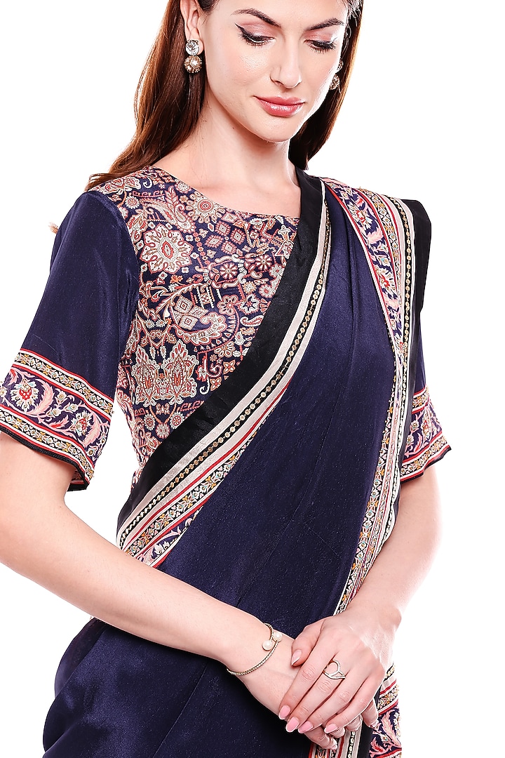 Navy Blue Printed & Embroidered Pre-Stitched Party Wear Saree Set by Soup by Sougat Paul at Pernia's Pop Up Shop