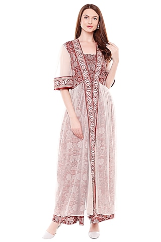 Maroon Printed Jumpsuit With Jacket by Soup by Sougat Paul