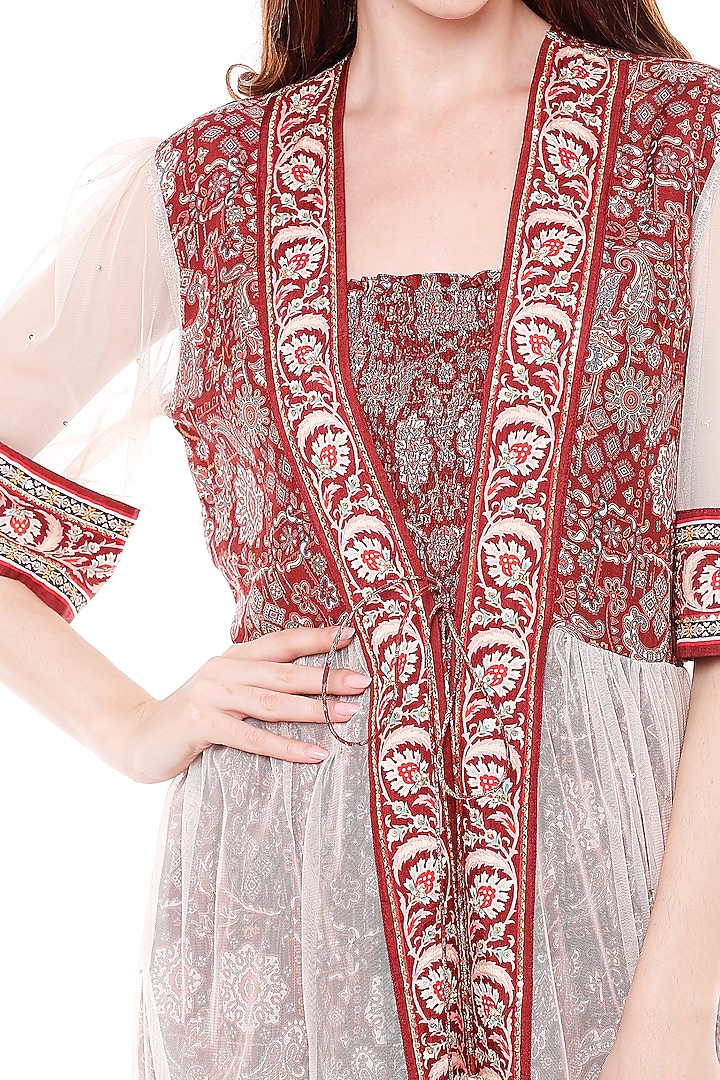 Maroon Printed Jumpsuit With Jacket by Soup by Sougat Paul at Pernia's Pop Up Shop