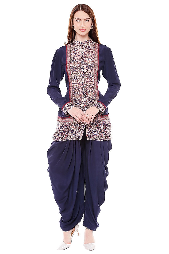 Navy Blue Printed Top With Dhoti Skirt by Soup by Sougat Paul at Pernia's Pop Up Shop