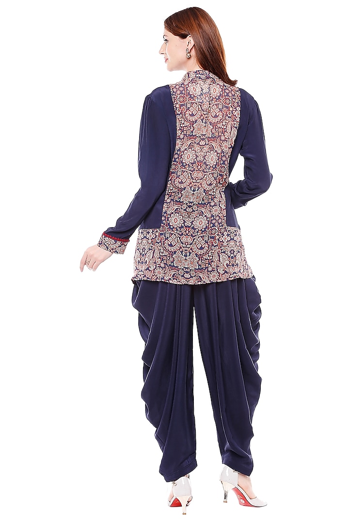 Navy Blue Printed Top With Dhoti Skirt by Soup by Sougat Paul at Pernia's Pop Up Shop