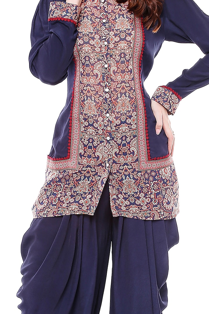 Navy Blue Printed Top With Dhoti Skirt by Soup by Sougat Paul at Pernia's Pop Up Shop