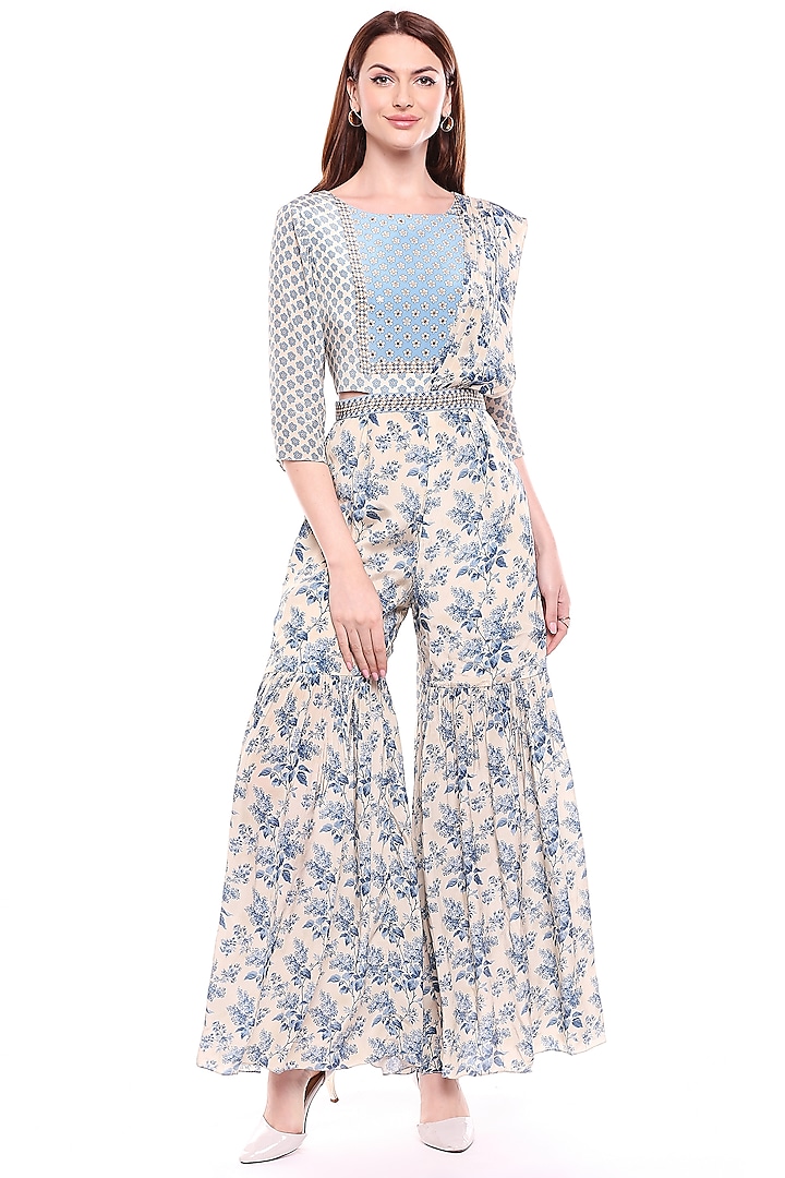 Blue & Off White Printed Sharara Dress by Soup by Sougat Paul