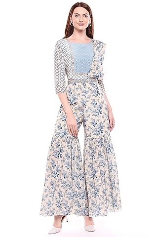 Blue & Off White Printed Sharara Dress by Soup by Sougat Paul