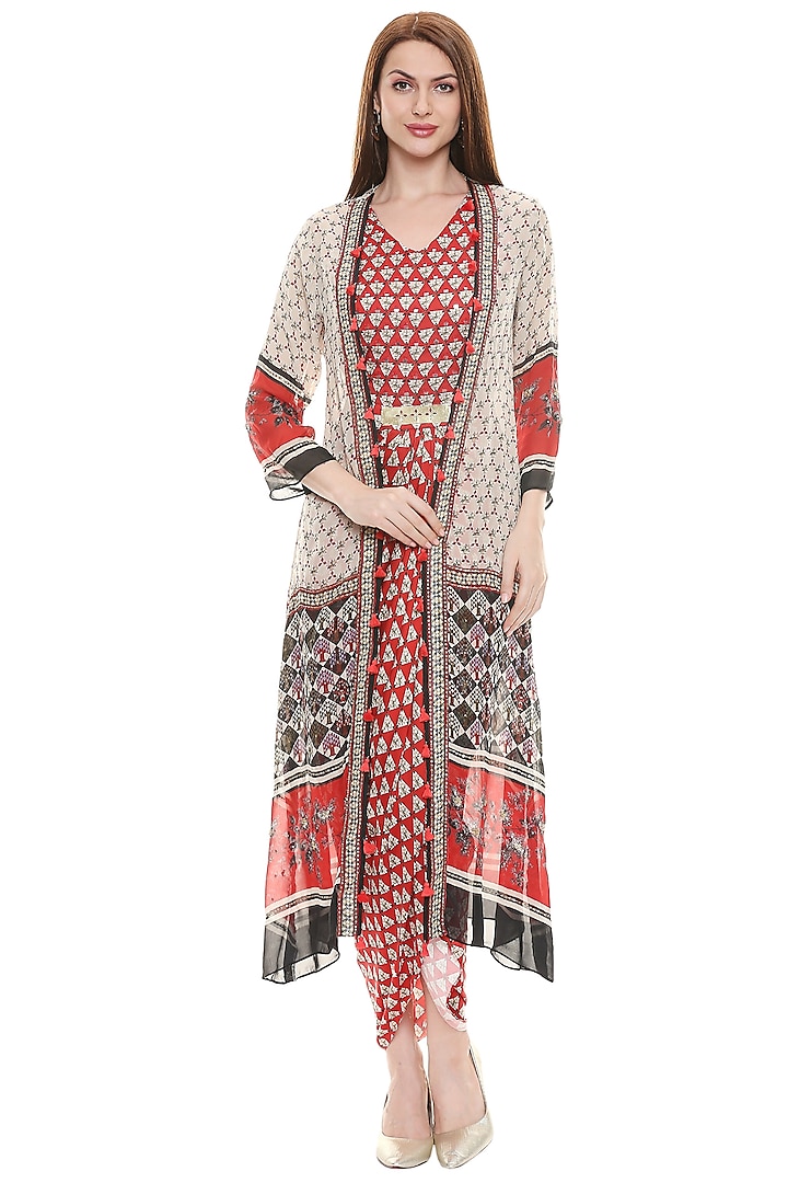 Red Embroidered & Printed Dress With Jacket by Soup by Sougat Paul