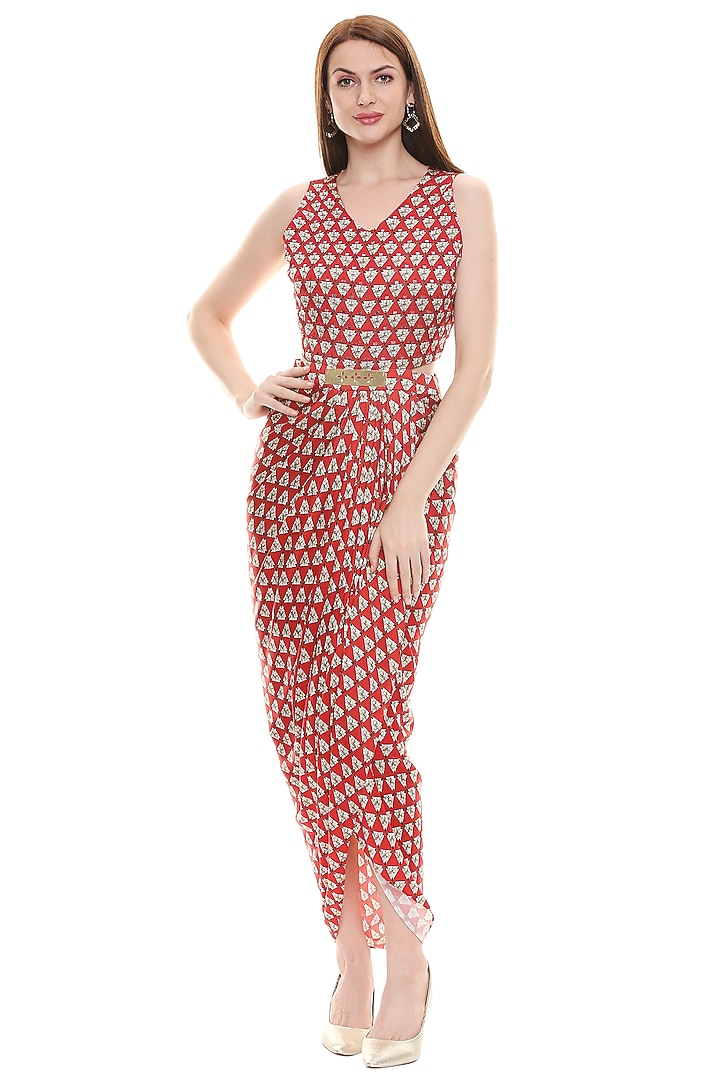 Red Embroidered & Printed Vacation Dress With Jacket by Soup by Sougat Paul at Pernia's Pop Up Shop