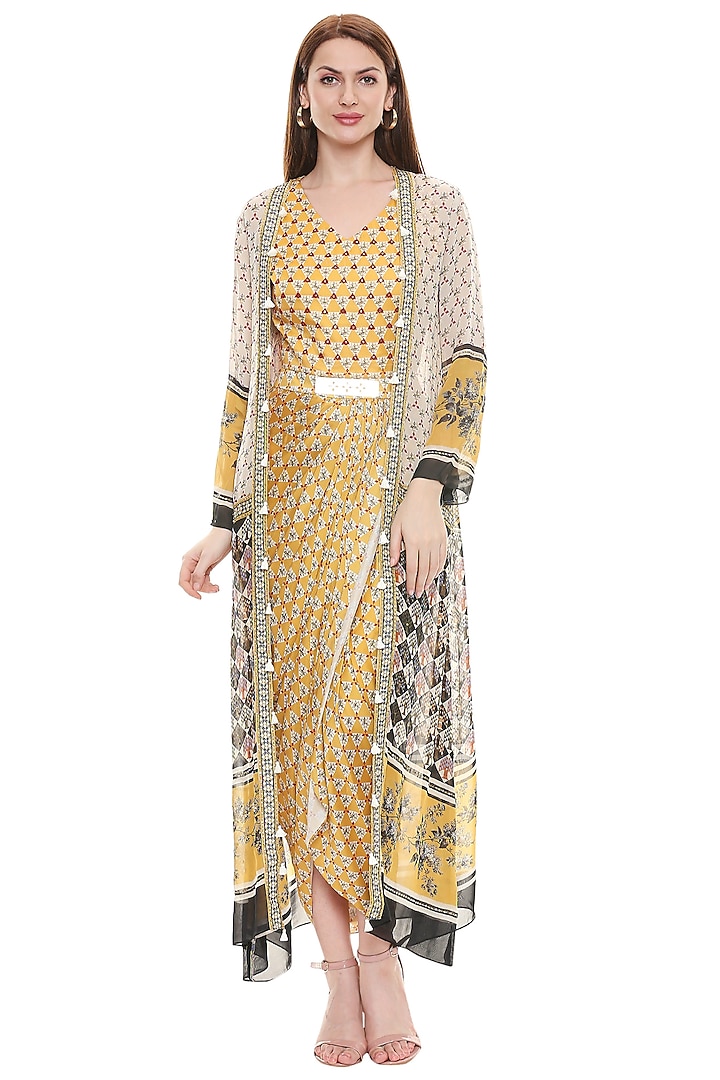Yellow Embroidered Dress With Jacket by Soup by Sougat Paul