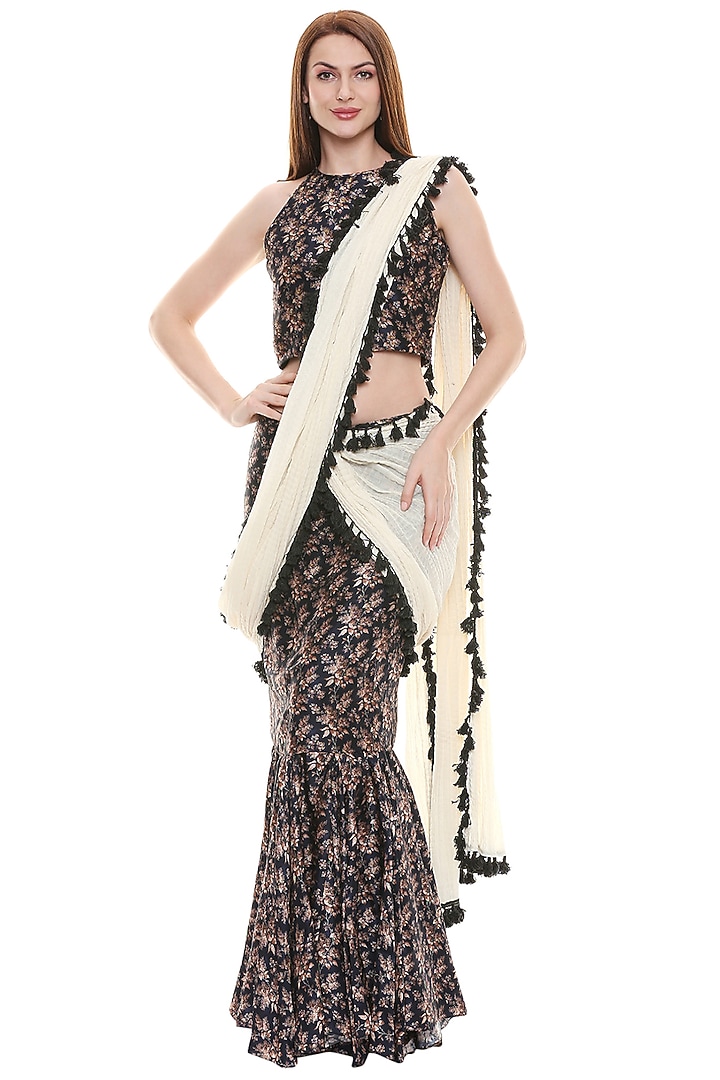 Persian Blue & Off White Printed Skirt Set by Soup by Sougat Paul at Pernia's Pop Up Shop