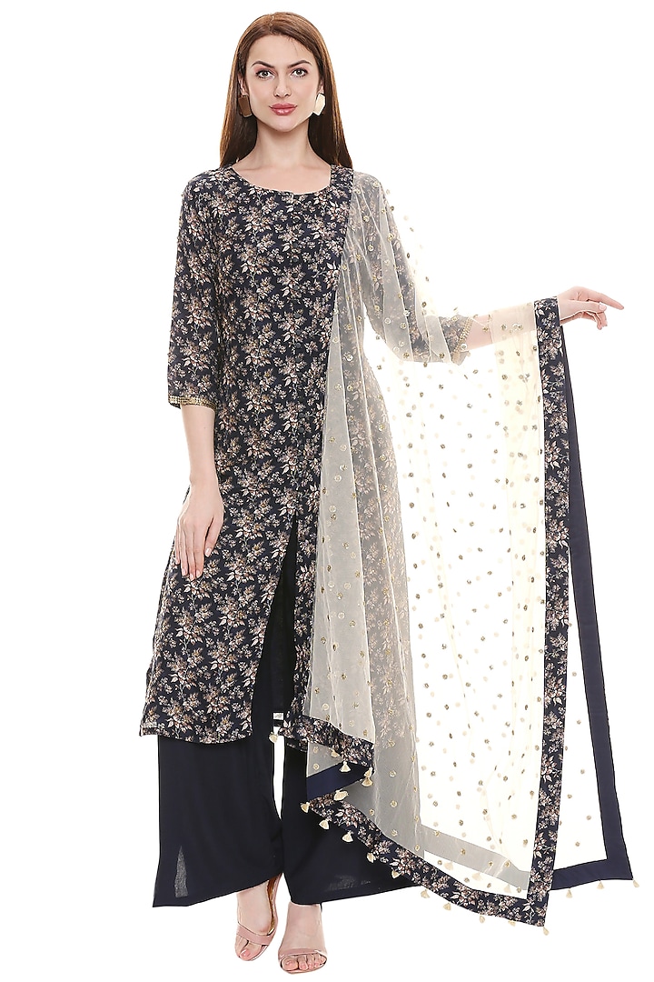 Persian Blue & Off White Printed Kurta Set by Soup by Sougat Paul at Pernia's Pop Up Shop
