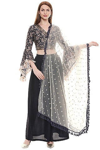 Persian Blue Printed Top With Pants & Dupatta by Soup by Sougat Paul