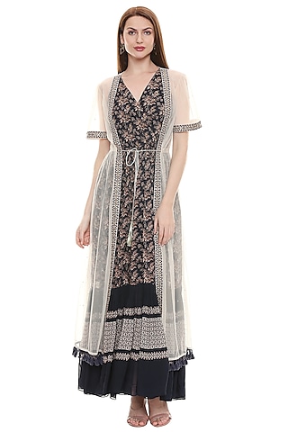 Persian Blue Printed Dress With Off White Cape by Soup by Sougat Paul