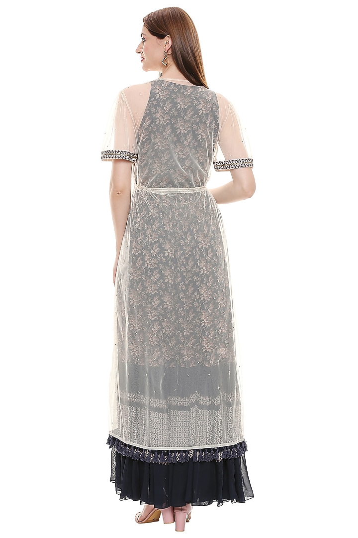 Persian Blue Printed Vacation Dress With Off White Cape by Soup by Sougat Paul at Pernia's Pop Up Shop