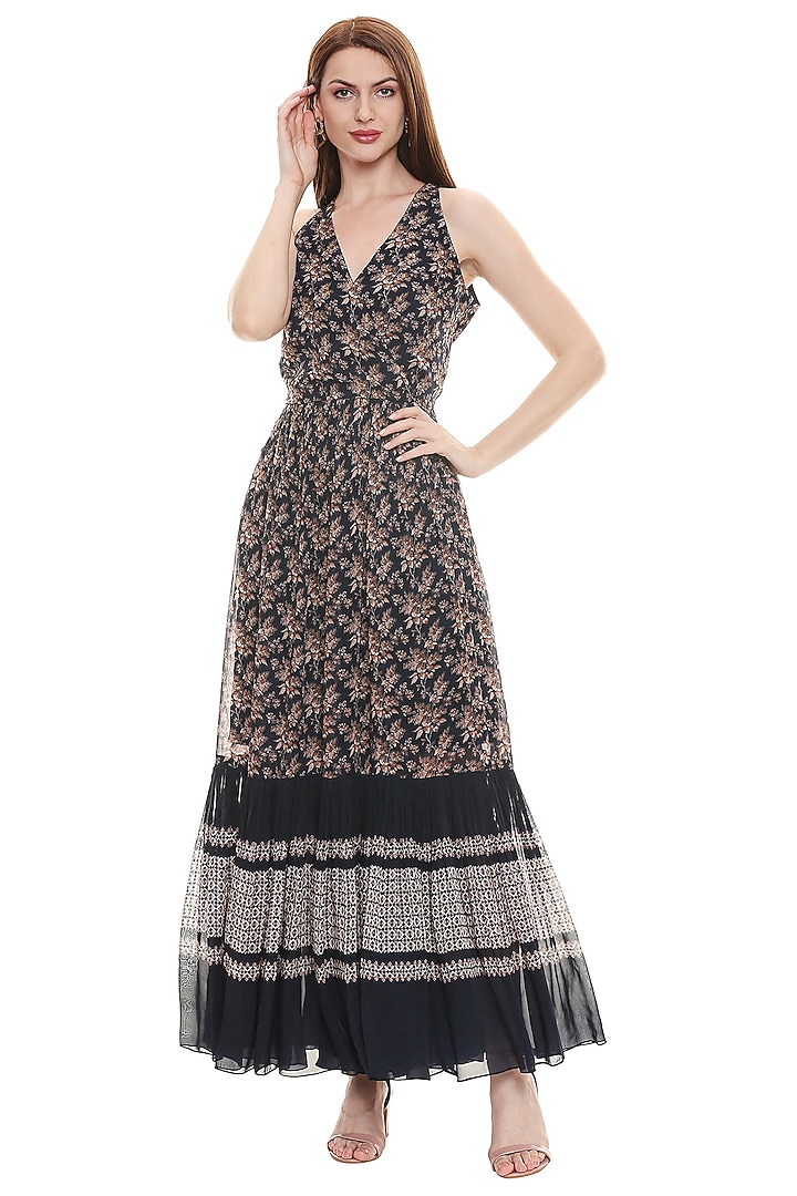 Persian Blue Printed Vacation Dress With Off White Cape by Soup by Sougat Paul at Pernia's Pop Up Shop
