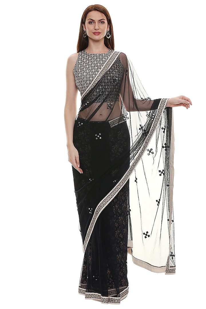 Black & Off-White Embroidered Saree Set by Soup by Sougat Paul