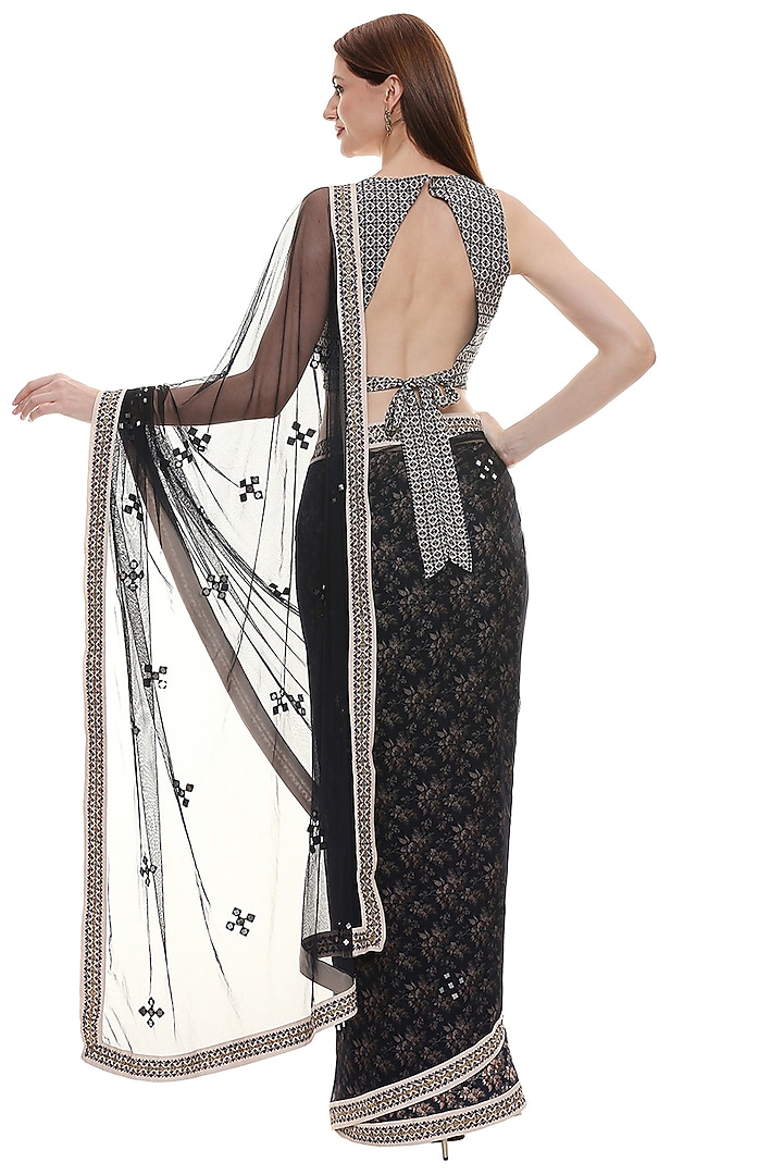 Black & Off-White Embroidered Party Wear Saree Set by Soup by Sougat Paul at Pernia's Pop Up Shop