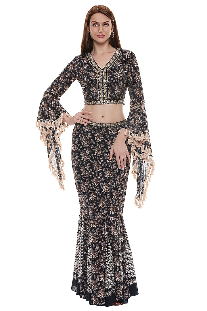 Persian Blue & Off White Printed Skirt Set by Soup by Sougat Paul at Pernia's Pop Up Shop