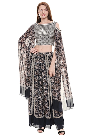 Persian Blue & Off White Crop Top With Pants by Soup by Sougat Paul
