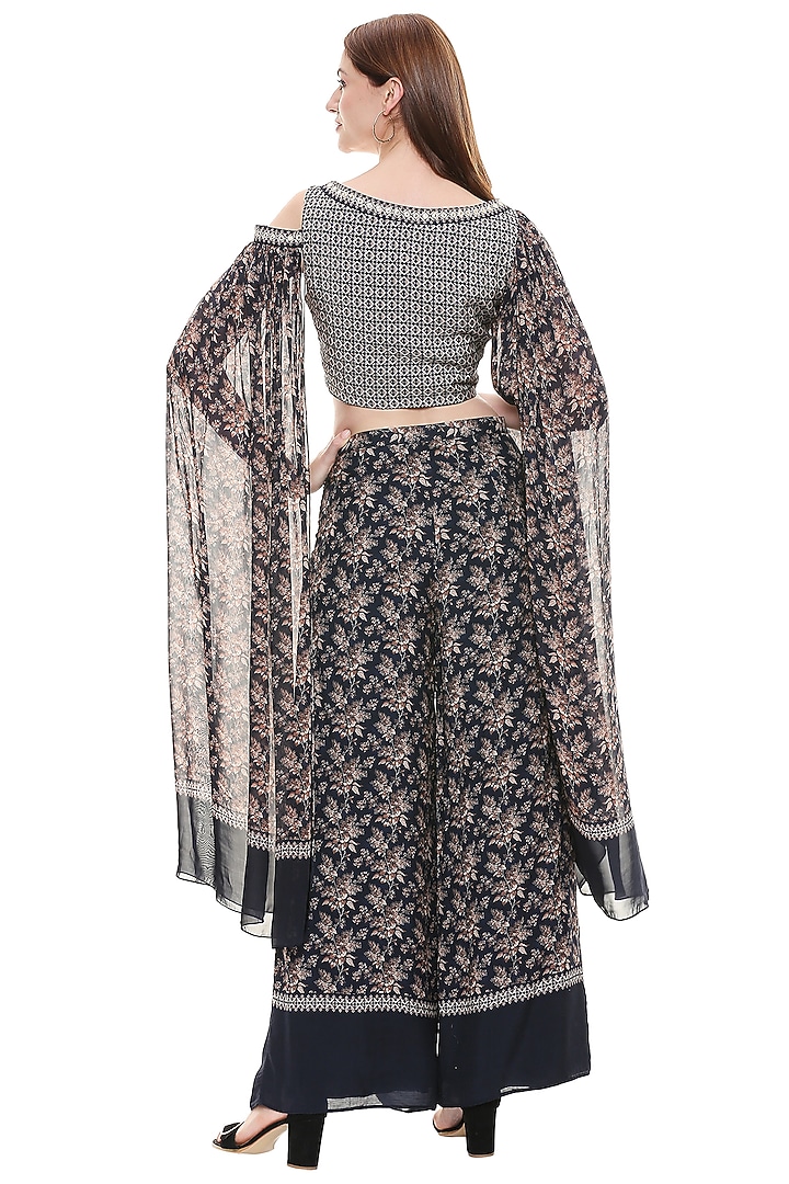 Persian Blue & Off White Crop Top With Pants by Soup by Sougat Paul at Pernia's Pop Up Shop