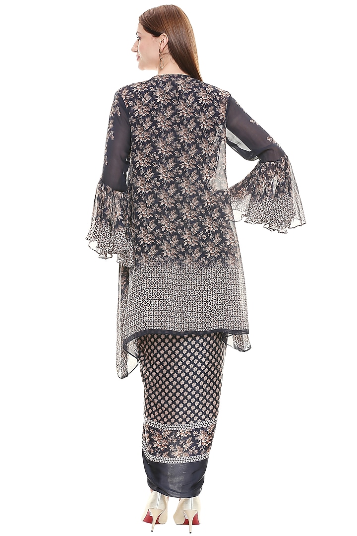 Persian Blue Printed Vacation Dress With Off White Jacket by Soup by Sougat Paul at Pernia's Pop Up Shop
