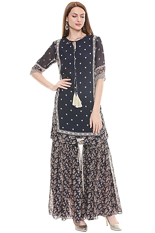 Persian Blue & Off White Embroidered Kurta With Pants by Soup by Sougat Paul